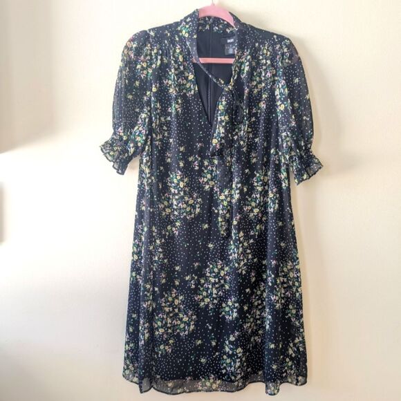 DKNY Floral-Print Tie-Neck Shift Dress Black Multi Size 14 - Picture 3 of 9